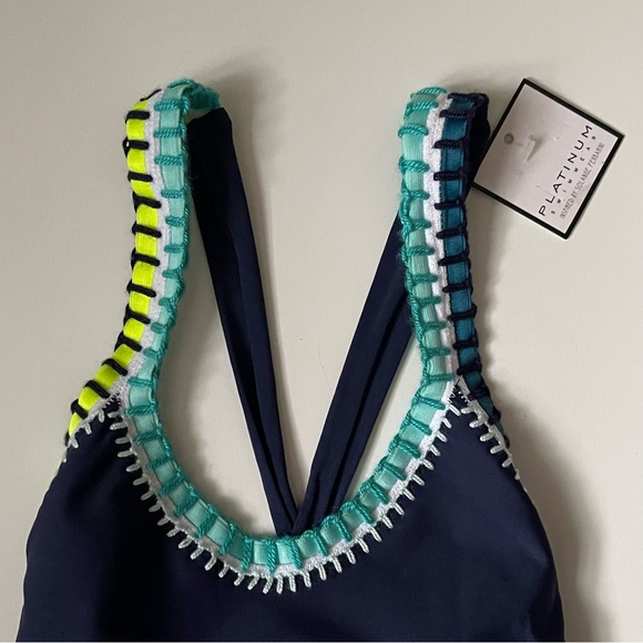 Platinum Inspired by Solange Ferrarini Women Crochet Trim OnePiece Navy Swimsuit - Picture 4 of 13